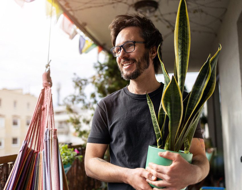 Em foto que ilustra um teste de personalidades sobre plantas em casa, um homem segura um vaso com uma planta da espécie espada de São Jorge.