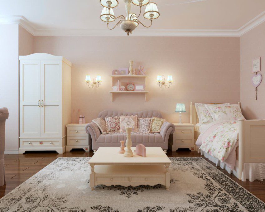 Quarto com sala de estar, com decoração estilo provençal.