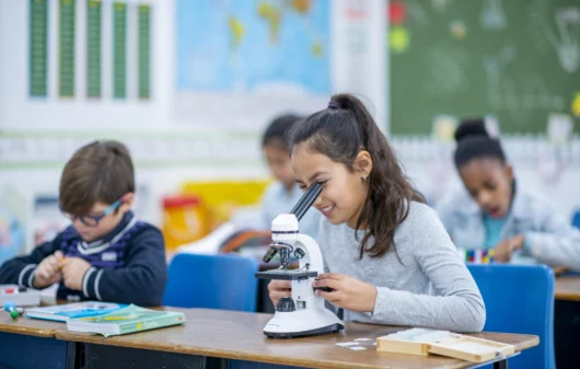 Imagem de menina olhando em um microscópio em uma sala de aula cheia de crianças para ilustrar matéria sobre escolas particulares em Santana de Parnaíba
