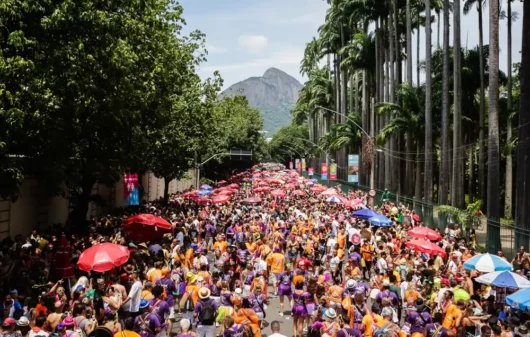 Foto que ilustra matéria sobre o Carnaval no Rio de Janeiro mostra uma panorâmica do desfile do Bloco Escangalha, na Rua Jardim Botânico. (Foto: Tata Barreto/Riotur)