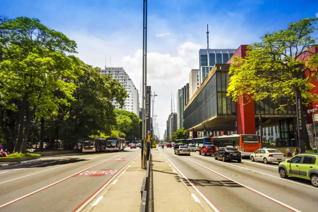 Imagem da Avenida Paulista mostra ciclofaixa, pista de carros, vegetação e o Museu de Arte de São Paulo (MASP) à direita para ilustrar matéria sobre o que fazer perto das estações da Linha Verde, em São Paulo