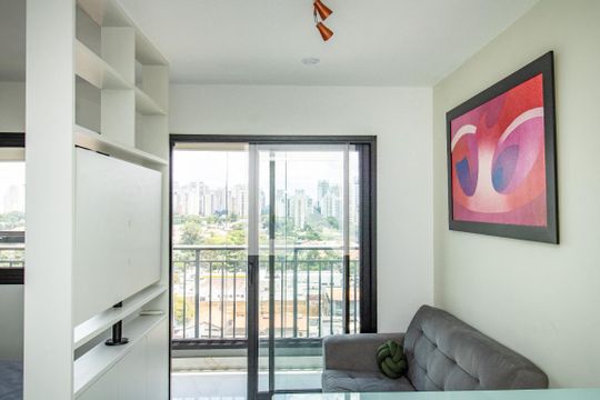 Sala - panorâmica  de kitnet/studio à venda com 1 quarto, 26m² em Indianópolis, São Paulo