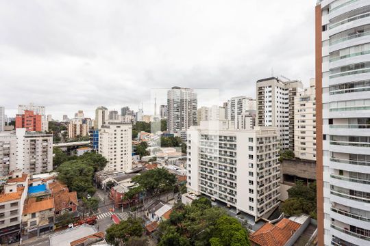 Varanda da Sala - Vista de apartamento à venda com 1 quarto, 56m² em Pinheiros, São Paulo