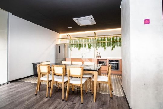 Área comum, salão de festas, cozinha de apoio  de apartamento à venda com 1 quarto, 22m² em Indianópolis, São Paulo