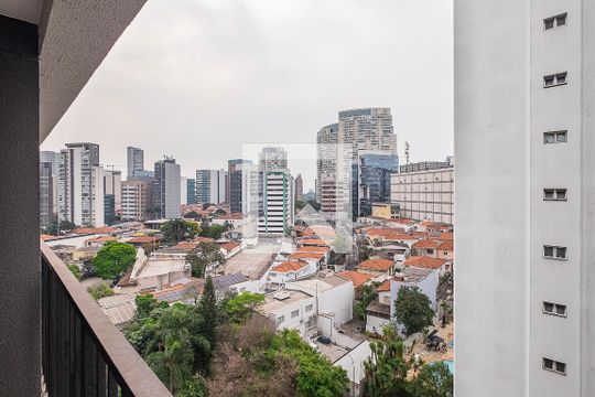 Sala/Cozinha - Vista Varanda de apartamento para alugar com 1 quarto, 30m² em Pinheiros, São Paulo