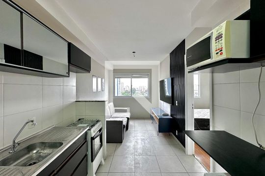 Cozinha de apartamento à venda com 1 quarto, 28m² em Jardim Caravelas, São Paulo