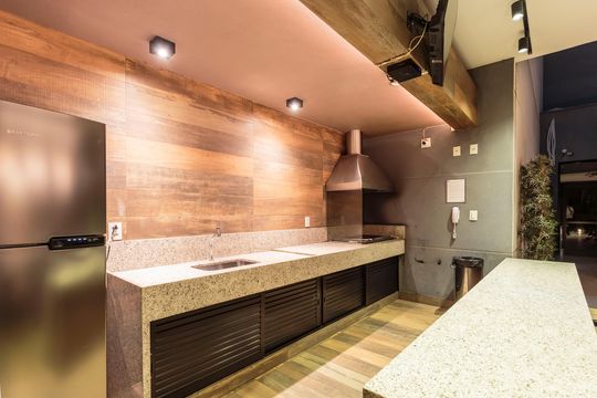 Área comum - Churrasqueira de kitnet/studio para alugar com 1 quarto, 34m² em Indianópolis, São Paulo