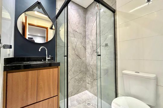 Banheiro de kitnet/studio à venda com 1 quarto, 28m² em Jardim Oriental, São Paulo