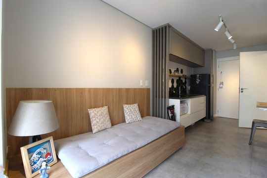 Sala/Cozinha de kitnet/studio à venda com 1 quarto, 34m² em Indianópolis, São Paulo