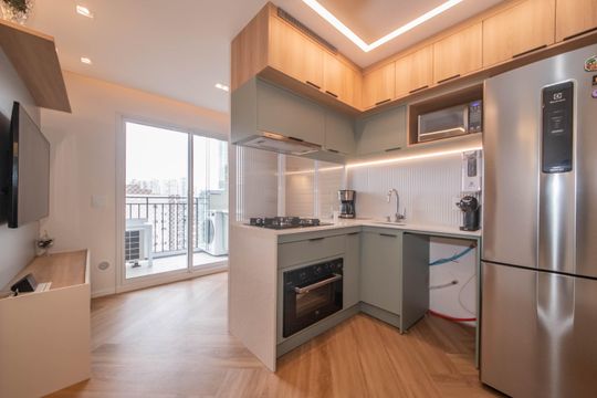Cozinha de apartamento à venda com 2 quartos, 36m² em Jardim Caravelas, São Paulo