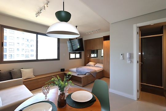 Espaço integrado - Dormitório  de kitnet/studio à venda com 1 quarto, 30m² em Jardim do Salso, Porto Alegre