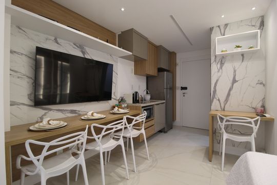 Sala/Cozinha de kitnet/studio à venda com 1 quarto, 27m² em Indianópolis, São Paulo