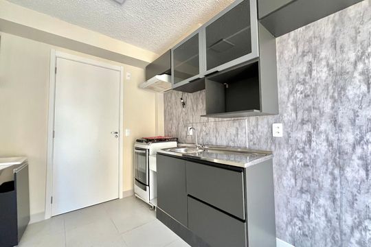 Cozinha de apartamento para alugar com 1 quarto, 27m² em Jardim Itacolomi, São Paulo