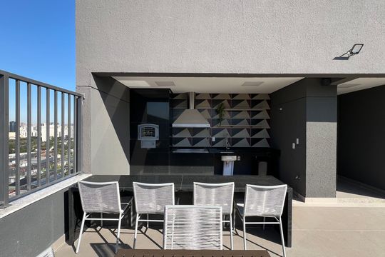 Área comum - Churrasqueira de kitnet/studio para alugar com 1 quarto, 26m² em Pinheiros, São Paulo