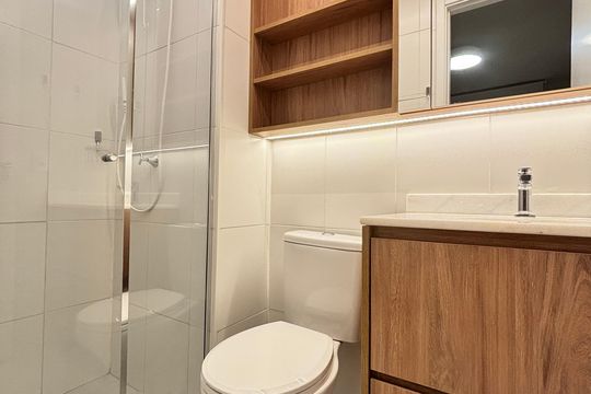 Banheiro da Suíte de apartamento para alugar com 1 quarto, 26m² em Vila Olímpia, São Paulo