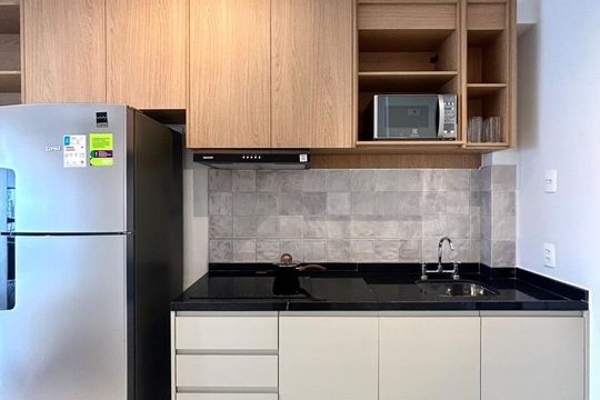 Cozinha de apartamento à venda com 1 quarto, 28m² em Indianópolis, São Paulo