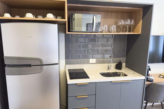 Cozinha de apartamento à venda com 1 quarto, 26m² em Santo Amaro, São Paulo