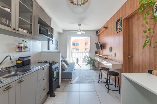 Cozinha - Lavanderia Integrada de apartamento para alugar com 1 quarto, 30m² em Jardim Caravelas, São Paulo
