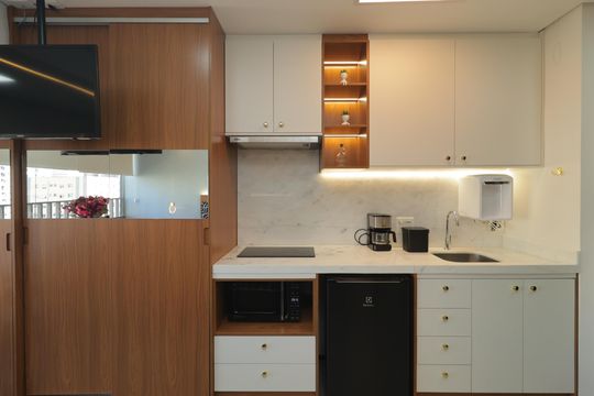 Cozinha de kitnet/studio para alugar com 1 quarto, 21m² em Vila Clementino, São Paulo