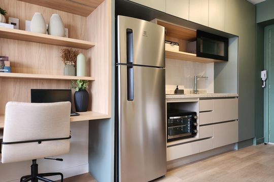 Cozinha de kitnet/studio para alugar com 1 quarto, 28m² em Indianópolis, São Paulo