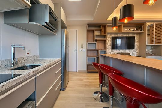 Cozinha  de apartamento à venda com 1 quarto, 35m² em Campo Belo, São Paulo