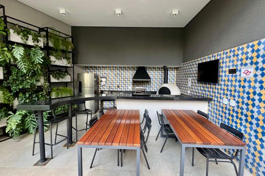 Área comum - Churrasqueira de kitnet/studio para alugar com 1 quarto, 28m² em Pinheiros, São Paulo
