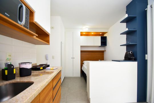 cozinha de kitnet/studio para alugar com 1 quarto, 22m² em Jardim Paulista, São Paulo
