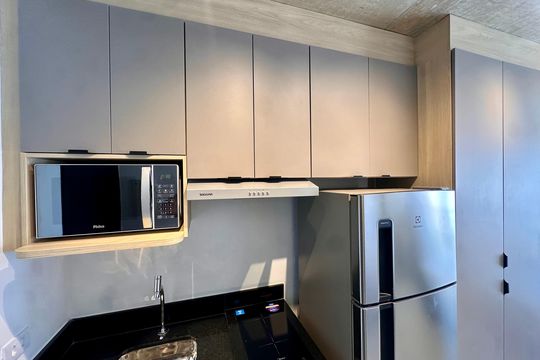 Cozinha de kitnet/studio para alugar com 1 quarto, 27m² em Jardim das Acacias, São Paulo