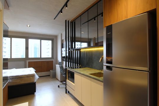 Cozinha de kitnet/studio para alugar com 1 quarto, 29m² em Indianópolis, São Paulo