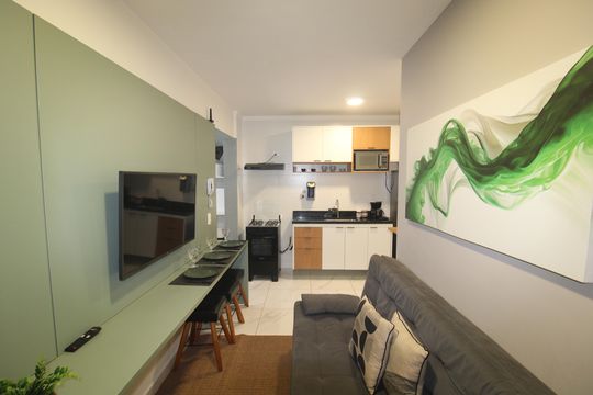 Sala / Cozinha de apartamento para alugar com 1 quarto, 32m² em Carandiru, São Paulo