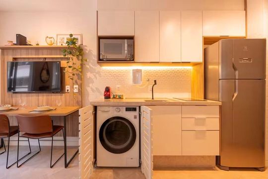 Cozinha de apartamento à venda com 1 quarto, 25m² em Jardim Paulista, São Paulo