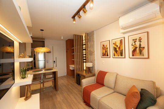 AMBIENTES INTEGRADOS - SALA de apartamento à venda com 1 quarto, 43m² em Bosque, Campinas