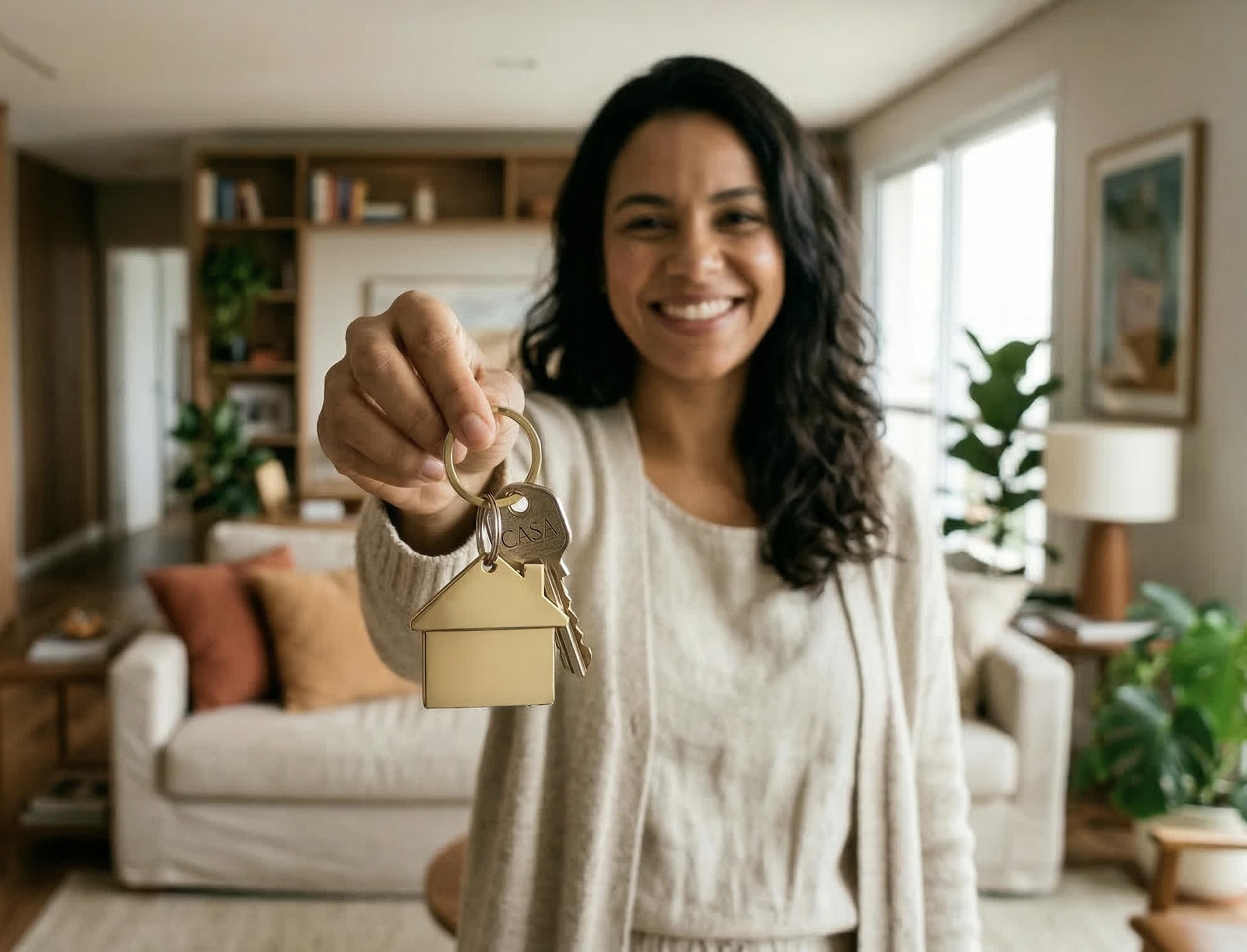 Mulher segurando as chaves da casa nova