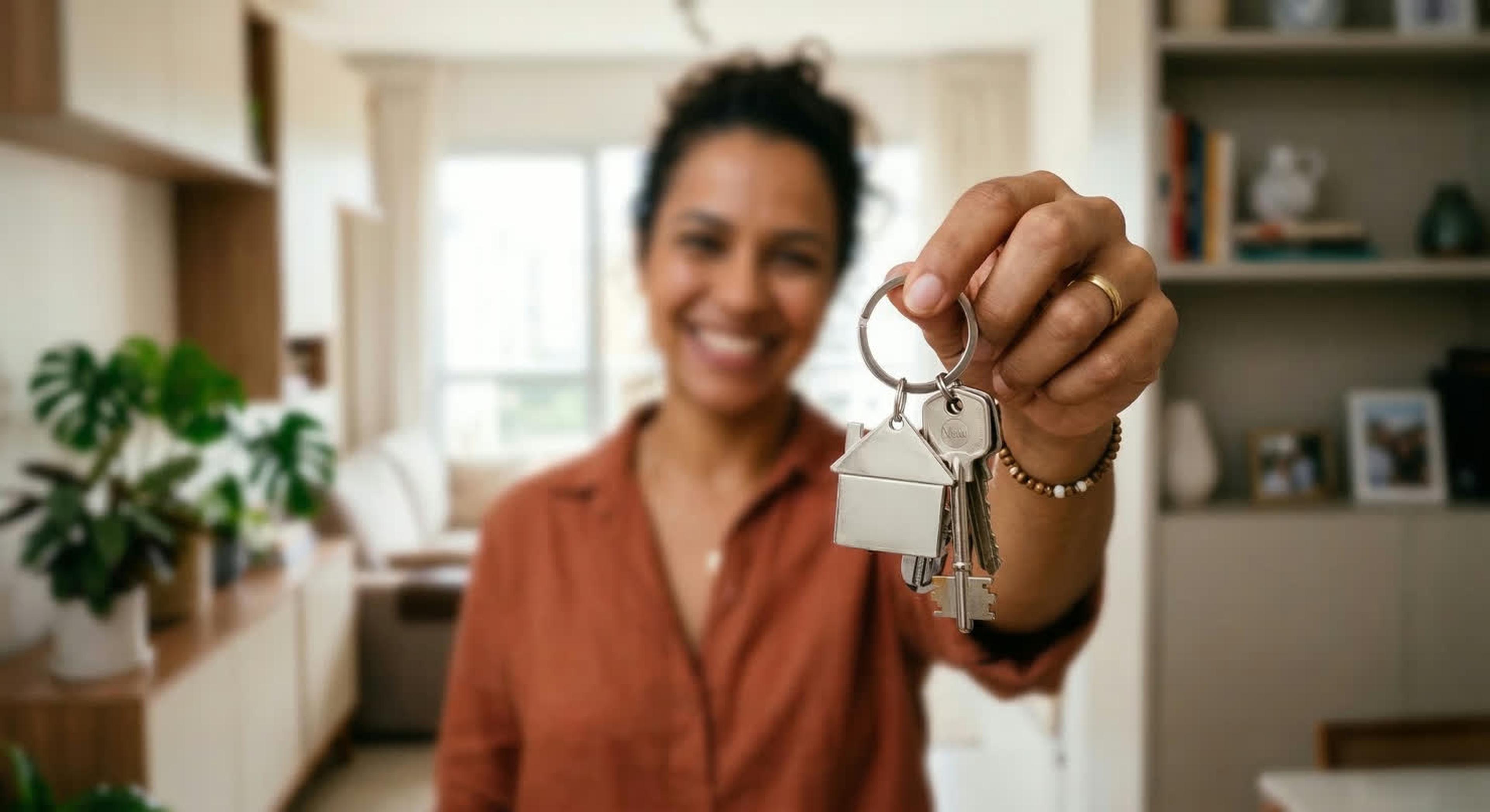 Mulher segurando as chaves da casa nova