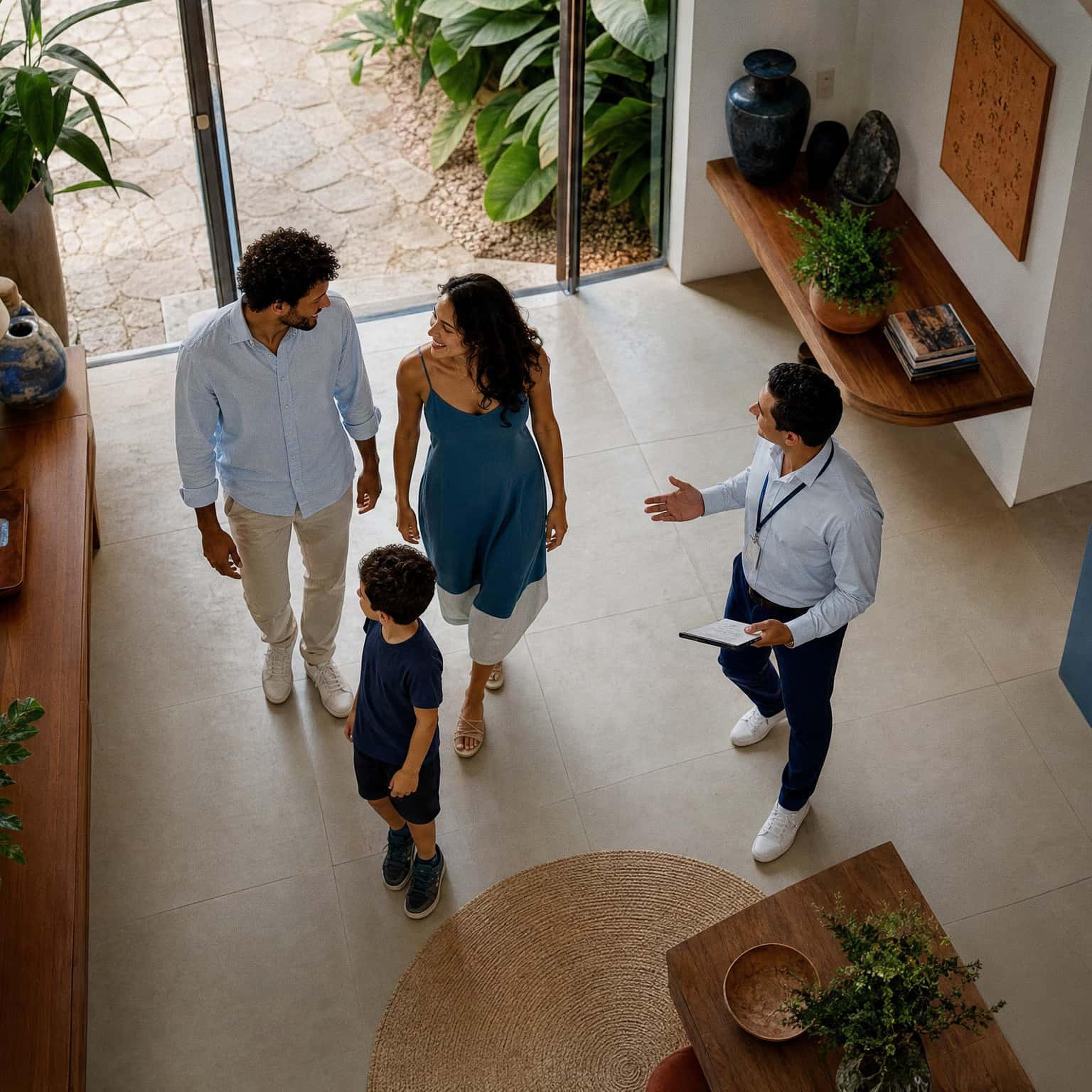 Família conversando com corretora no jardim da casa