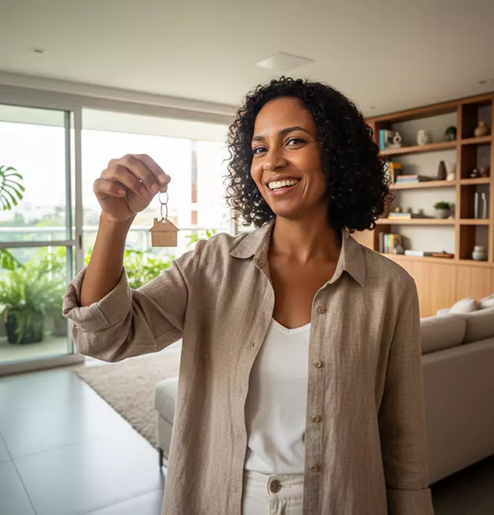Mulher sorrindo segurando chaves de casa