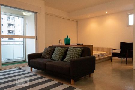 Sala / Quarto / Cozinha integrados com varanda de apartamento para alugar com 1 quarto, 58m² em Vila Olímpia, São Paulo