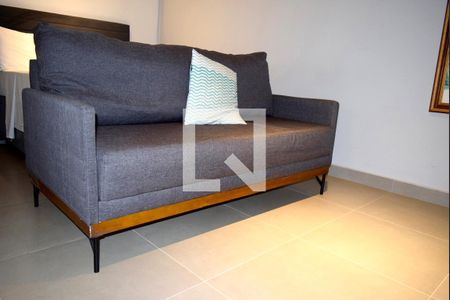 Quarto/Sala conjugados - detalhe sofá de apartamento à venda com 1 quarto, 53m² em Pinheiros, São Paulo