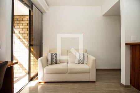 Sala, estar e terraço  de apartamento para alugar com 1 quarto, 37m² em Moema, São Paulo