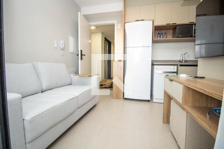 Sala, sofa, vista porta de entrada e cozinha de apartamento para alugar com 2 quartos, 40m² em Moema, São Paulo