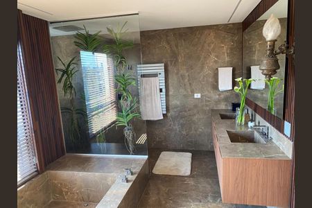 Apartamento à venda com 466m², 4 quartos e 6 vagasBanheiro com piso de porcelanato, pia de granito e vasos de flores.