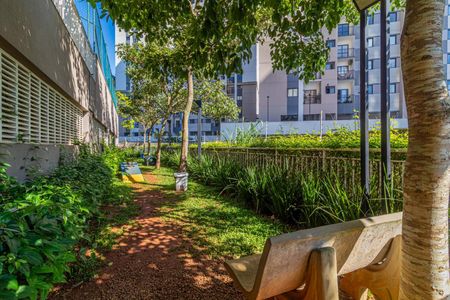 Apartamento à venda com 65m², 2 quartos e 1 vagaPátio com árvores e bancos, em frente a um prédio de apartamentos.