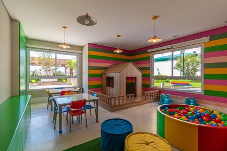 Apartamento à venda com 65m², 2 quartos e 1 vagaSala de brinquedos colorida com móveis de madeira e balão de bolas, iluminada por lâmpadas de design moderno.