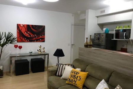 Sala com sofá de cor verde, mesa de vidro e quadro de arte na parede. de apartamento à venda com 1 quarto, 38m² em Umuarama, Osasco