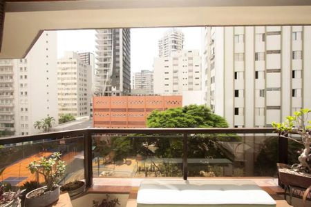 Apartamento à venda com 195m², 4 quartos e 3 vagasVaranda com vista para o bairro, com mobília simples e plantas, em um edifício de apartamentos.