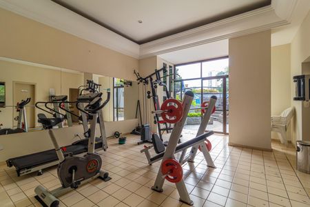 Apartamento à venda com 81m², 2 quartos e 1 vagaGinásio com equipamentos de treino e uma vista para a cidade.
