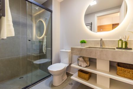 Banheiro de kitnet/studio para alugar com 1 quarto, 27m² em Pinheiros, São Paulo