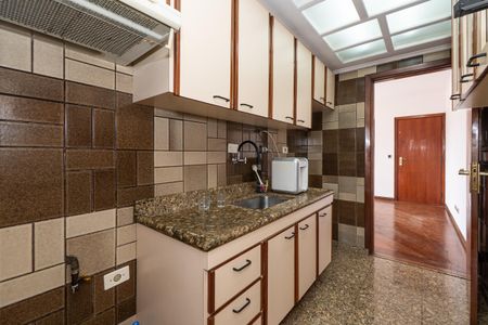 Apartamento à venda com 106m², 2 quartos e 2 vagas Apartamento à venda com 106m², 2 quartos e 2 vagasCozinha com móveis brancos e armários de madeira, piso de granito e teto de vidro.