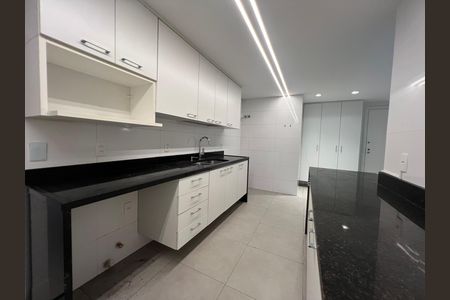 Apartamento para alugar com 229m², 4 quartos e 2 vagas Apartamento para alugar com 229m², 4 quartos e 2 vagasCozinha com móveis brancos e contorno preto, iluminação moderna e piso de porcelanato.