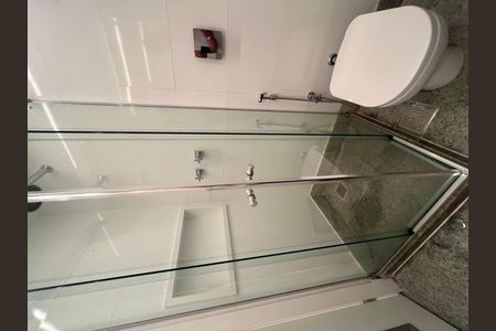 Apartamento para alugar com 229m², 4 quartos e 2 vagas Apartamento para alugar com 229m², 4 quartos e 2 vagasBanheiro com chuveiro e pia, com piso de porcelanato e teto branco, com uma porta de vidro e uma janela pequena.